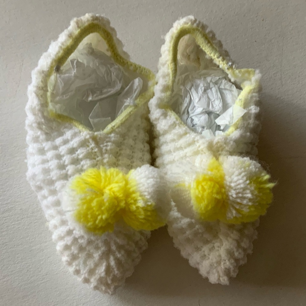 Vintage Adorable White and Yellow Kids Pom-Pom Socks/ Slippers